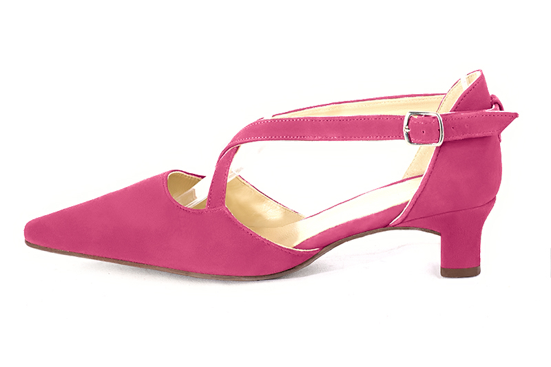 Fuschia pink women's open side shoes, with crossed straps. Tapered toe. Low kitten heels. Profile view - Florence KOOIJMAN